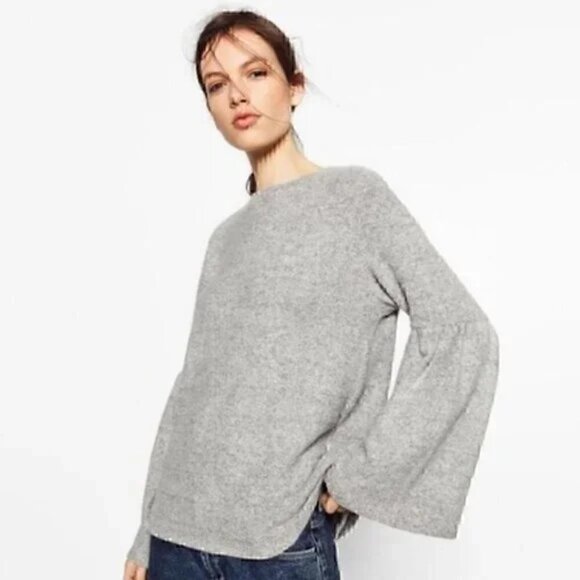 ZARA Bell Sleeve Soft Knit Sweater in Heathered Marled Gray Size S - Picture 3 of 12